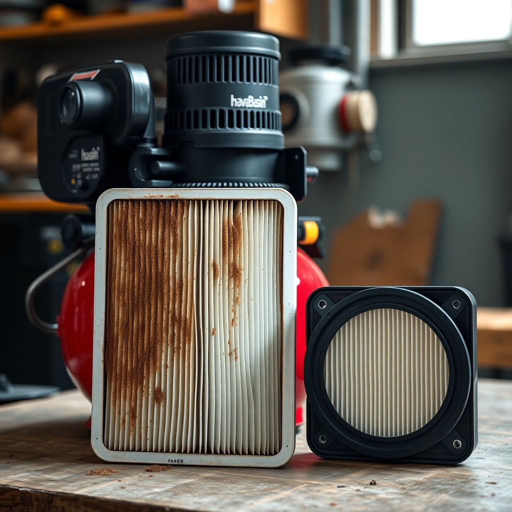 <clean photorealistic photo of a HavaBasin compressor with its air filter removed