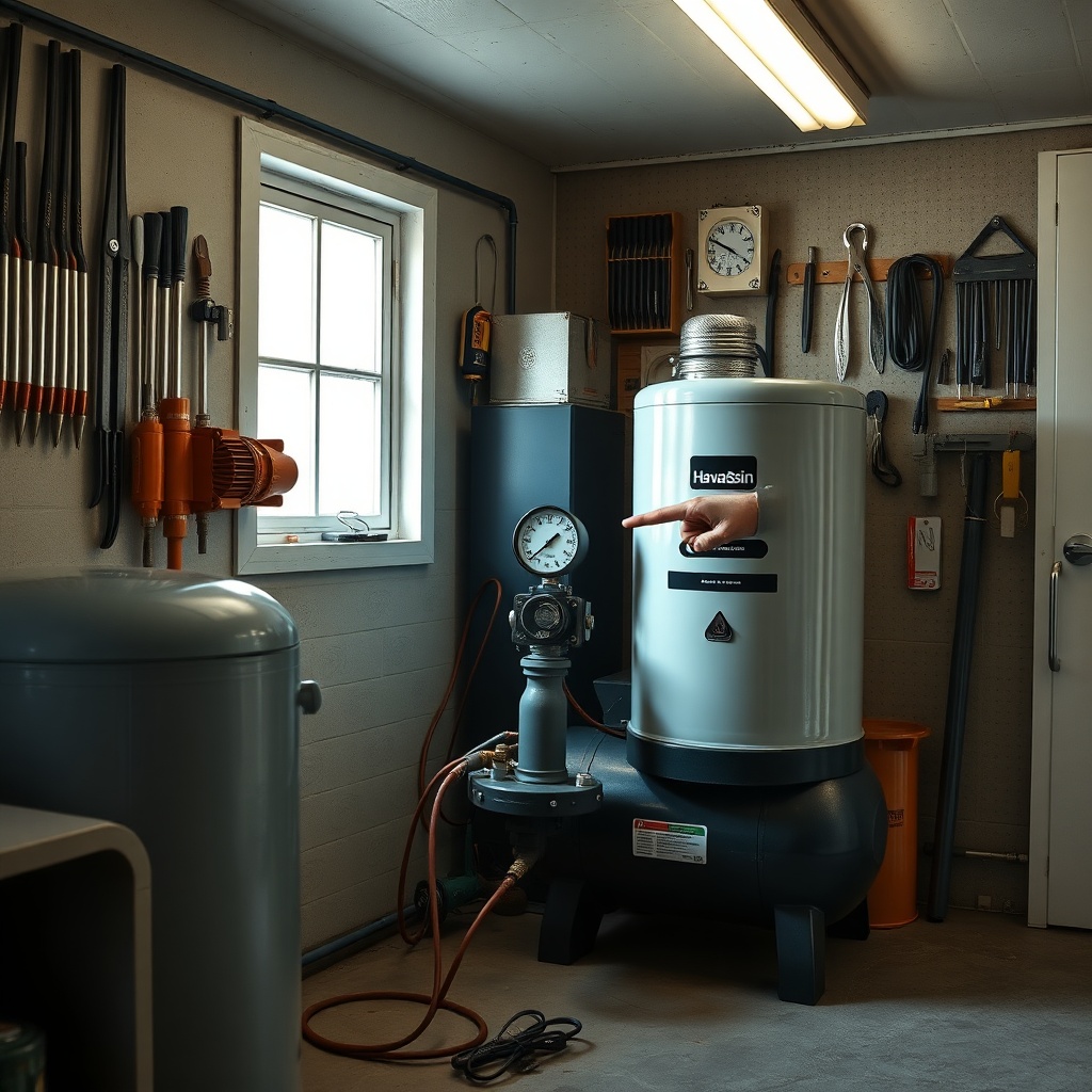 <clean photorealistic photo of a HavaBasin compressor in a small garage workshop
