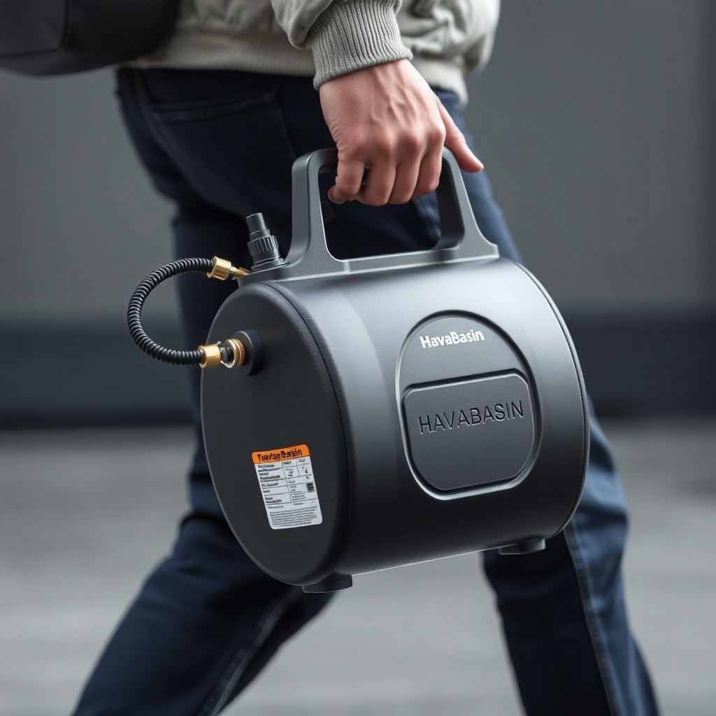 <clean photorealistic photo/illustration of a HavaBasin compressor being carried by a user