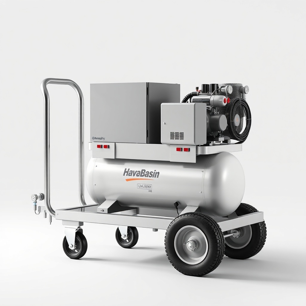 <clean photorealistic photo/illustration of a HavaBasin compressor on a mobile cart
