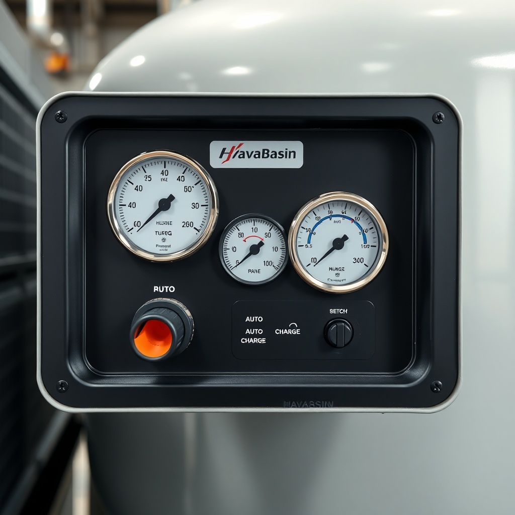 Photorealistic close-up of HavaBasin compressor control panel with pressure gauges and aut