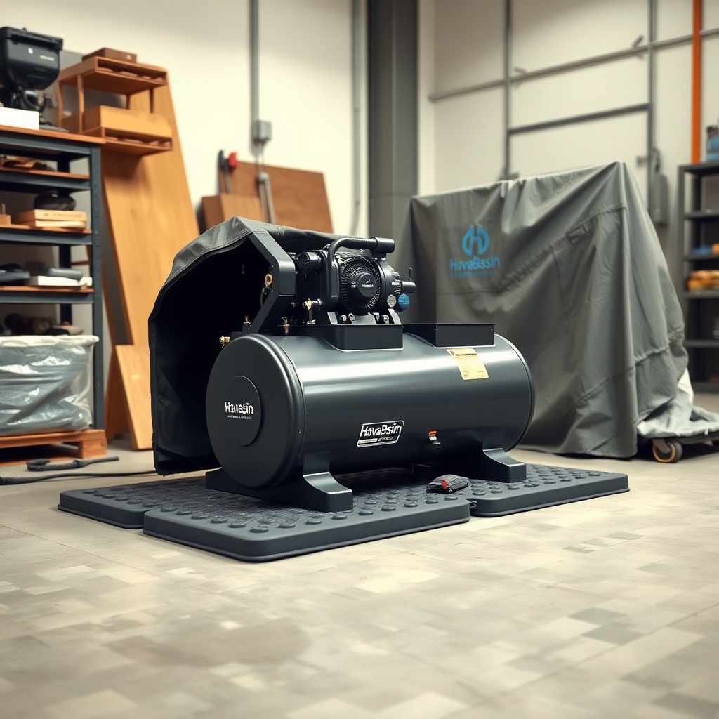<clean photorealistic photo of a HavaBasin compressor sitting on rubber vibration pads in
