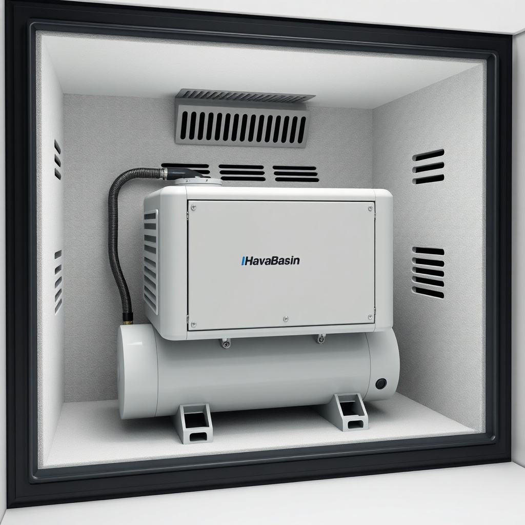 <clean photorealistic photo of a HavaBasin compressor enclosed in a custom-made acoustic e