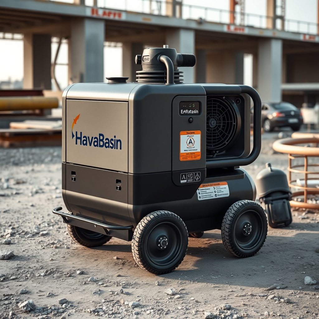 <clean photorealistic photo of a HavaBasin compressor on a construction site with a user h