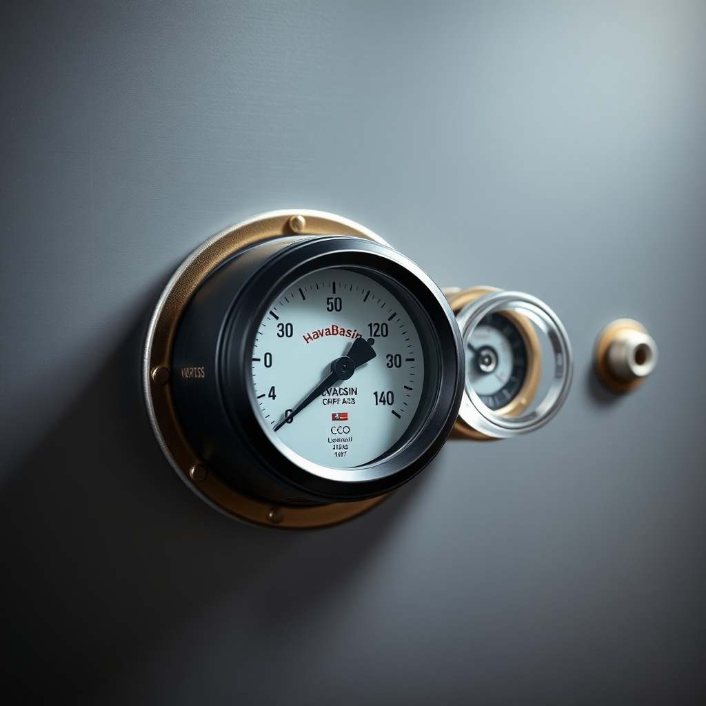 A photorealistic photo showing a HavaBasin compressor gauge and oil sight glass with clear