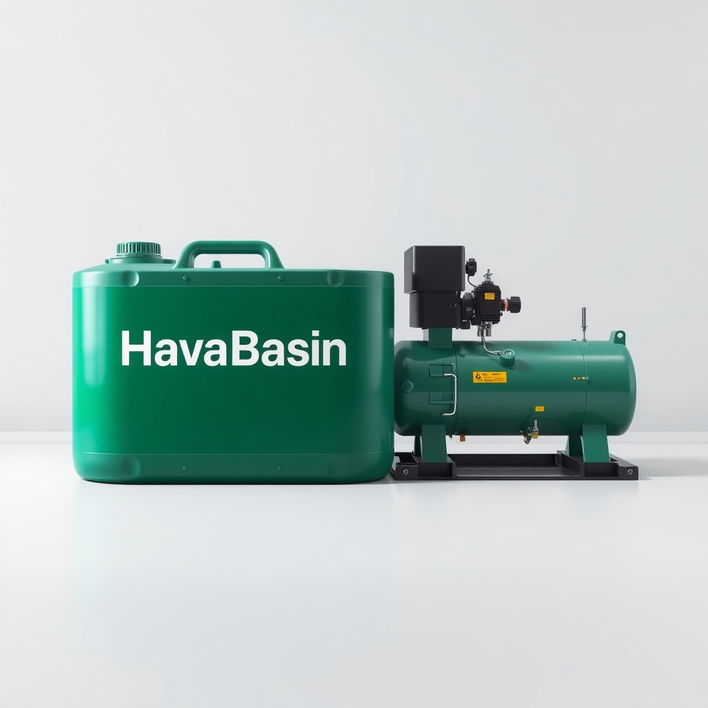 <clean photorealistic photo of a HavaBasin compressor oil container next to a clean compre