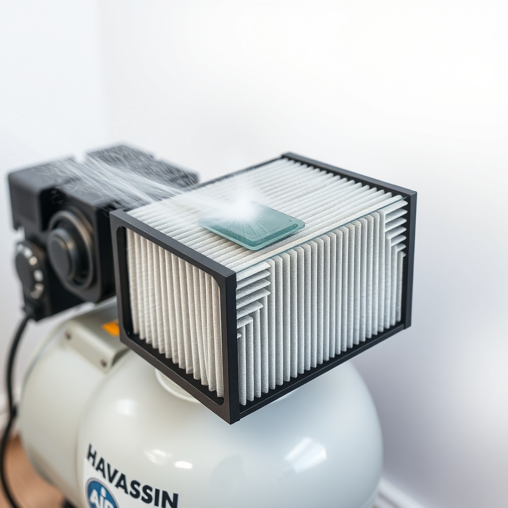 <clean photorealistic photo of an air filter being cleaned with compressed air on a HavaBa