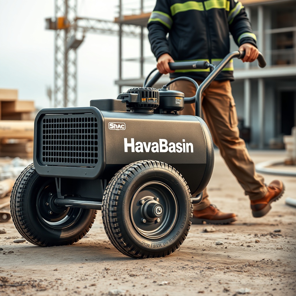 <clean photorealistic photo illustration of a HavaBasin compressor being pulled by a user