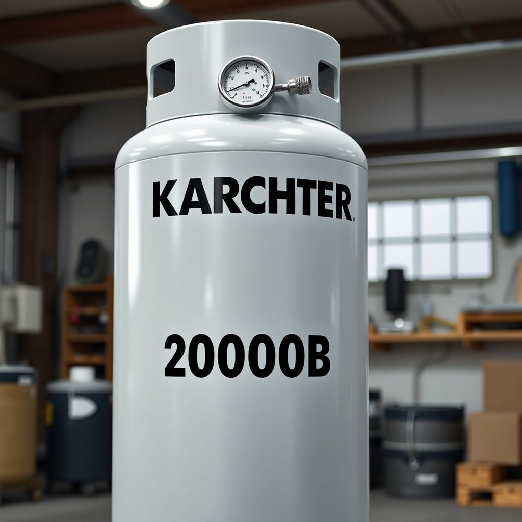 A clean photorealistic photo of a large vertical cylindrical air tank labeled "Karcher Var