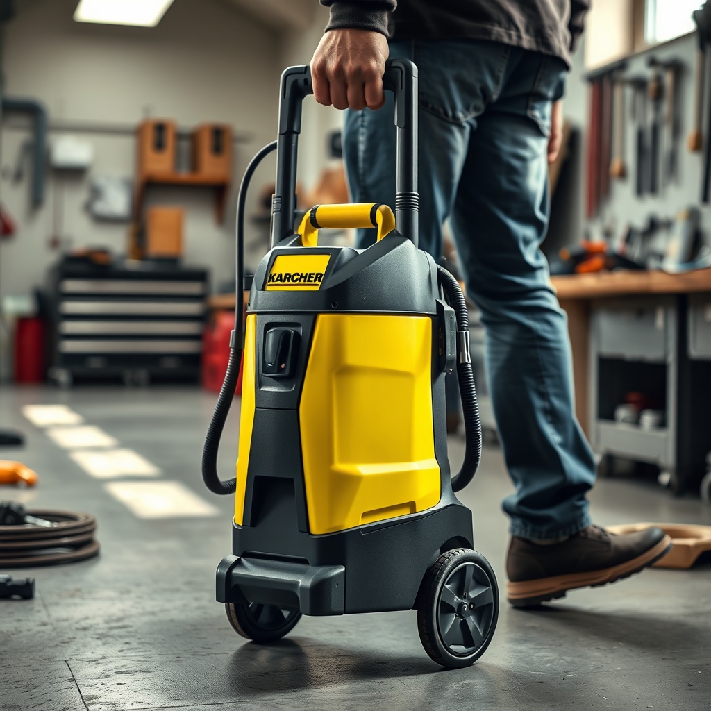 <clean photorealistic photo of Karcher Vario 2000B being carried by a handle on a workshop