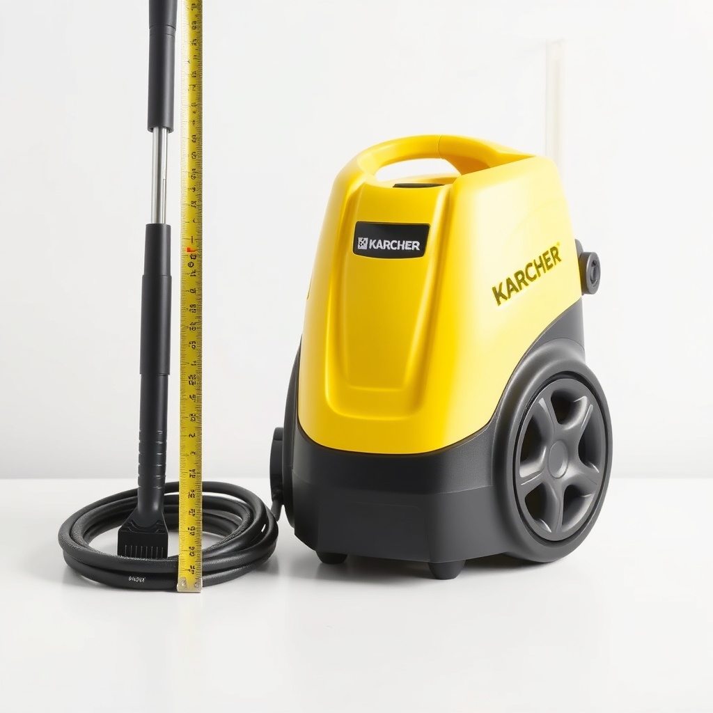<clean photorealistic photo of Karcher Vario 2000B next to a measuring tape showing dimens