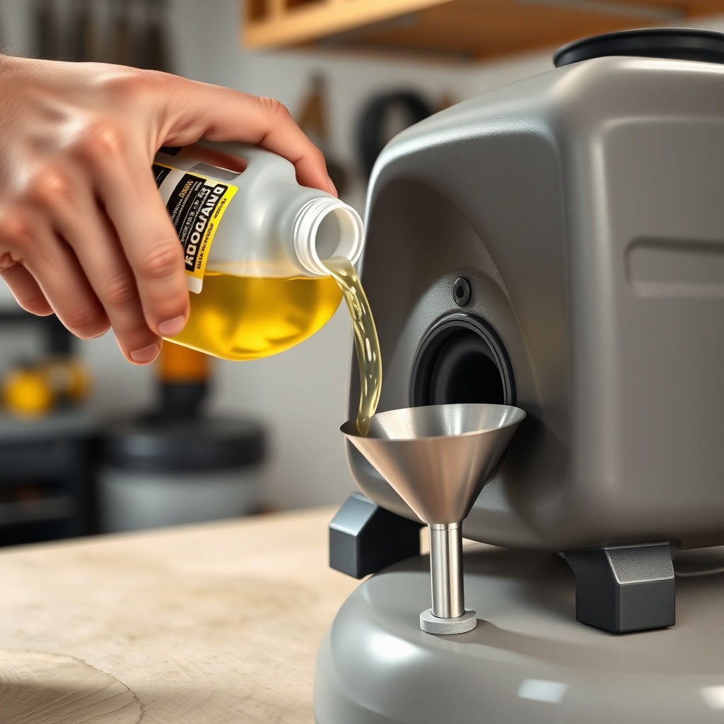 A photorealistic close-up of a person pouring clear synthetic compressor oil into a Karche