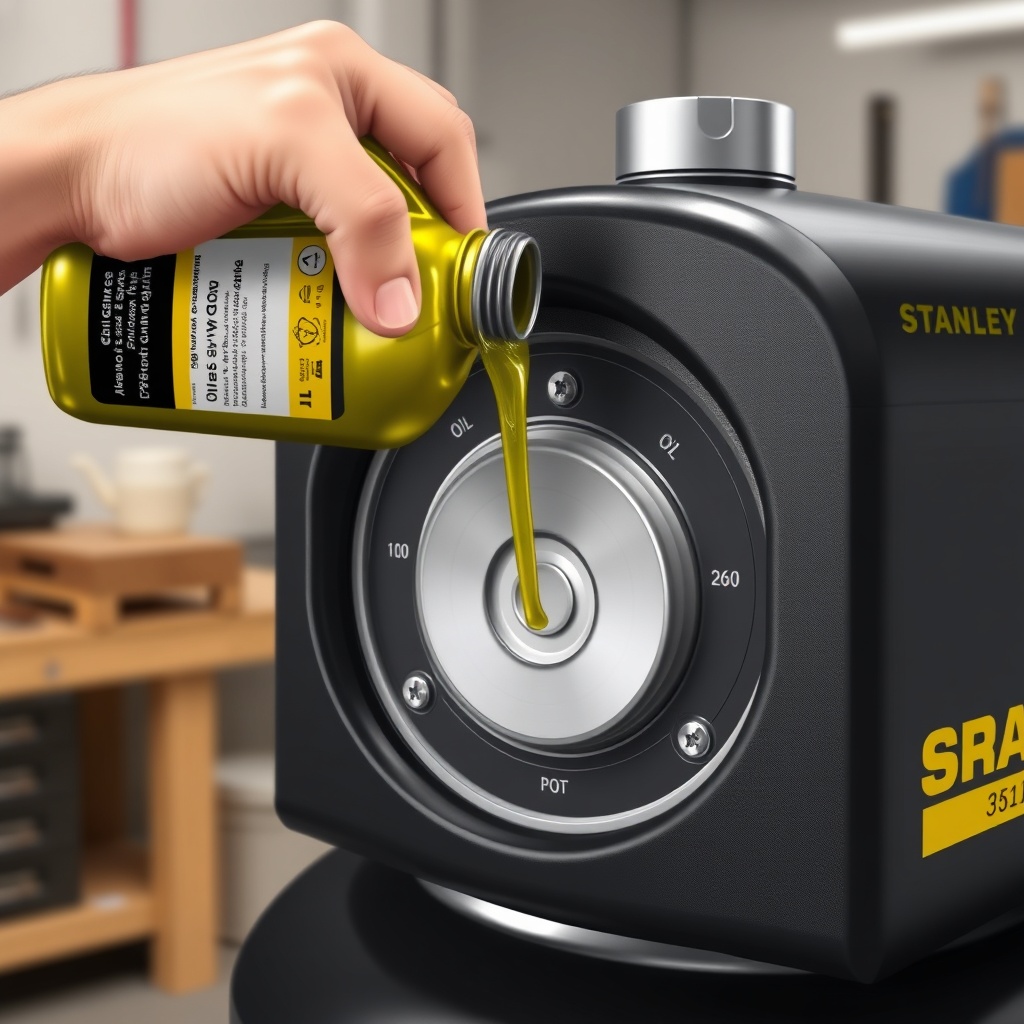 A photorealistic illustration showing a hand pouring compressor oil into the oil fill port