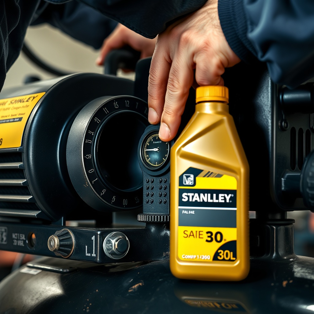 Close-up photo of a mechanic checking the oil sight glass on a Stanley FATMAX SHR-1250 com