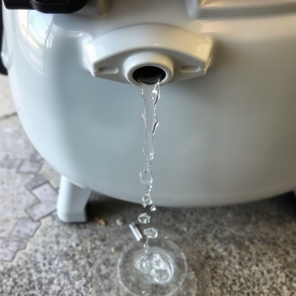 Photorealistic photo of water being drained from the drain valve of a Stanley FATMAX SHR-1